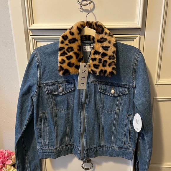 XLE Denim Jacket with Leopard Print Collar - Picture 1 of 3